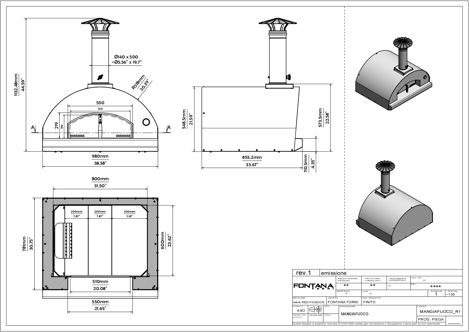 Fontana Forni CAFTMFA, CAFTMFS, CAFTMFR Dimensions drawing