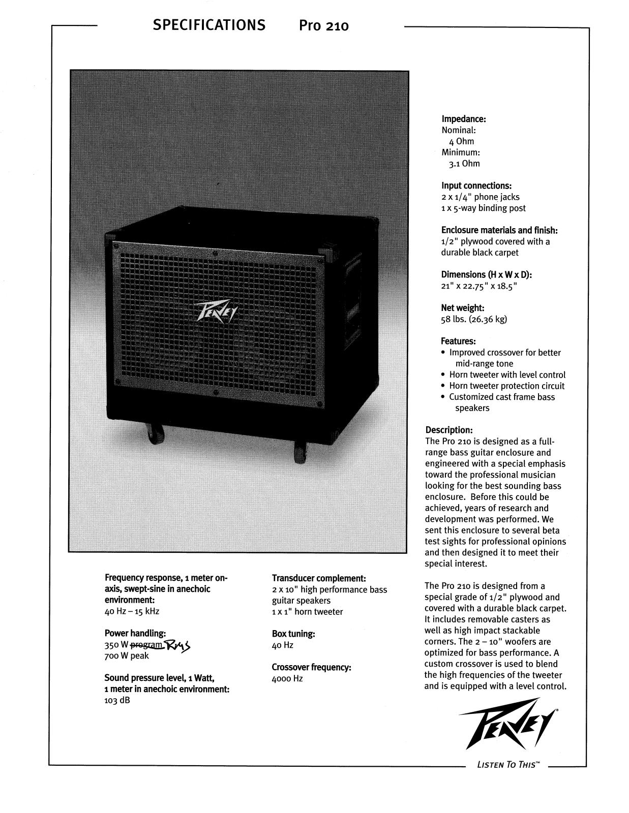 Peavey PRO 210 DATASHEET