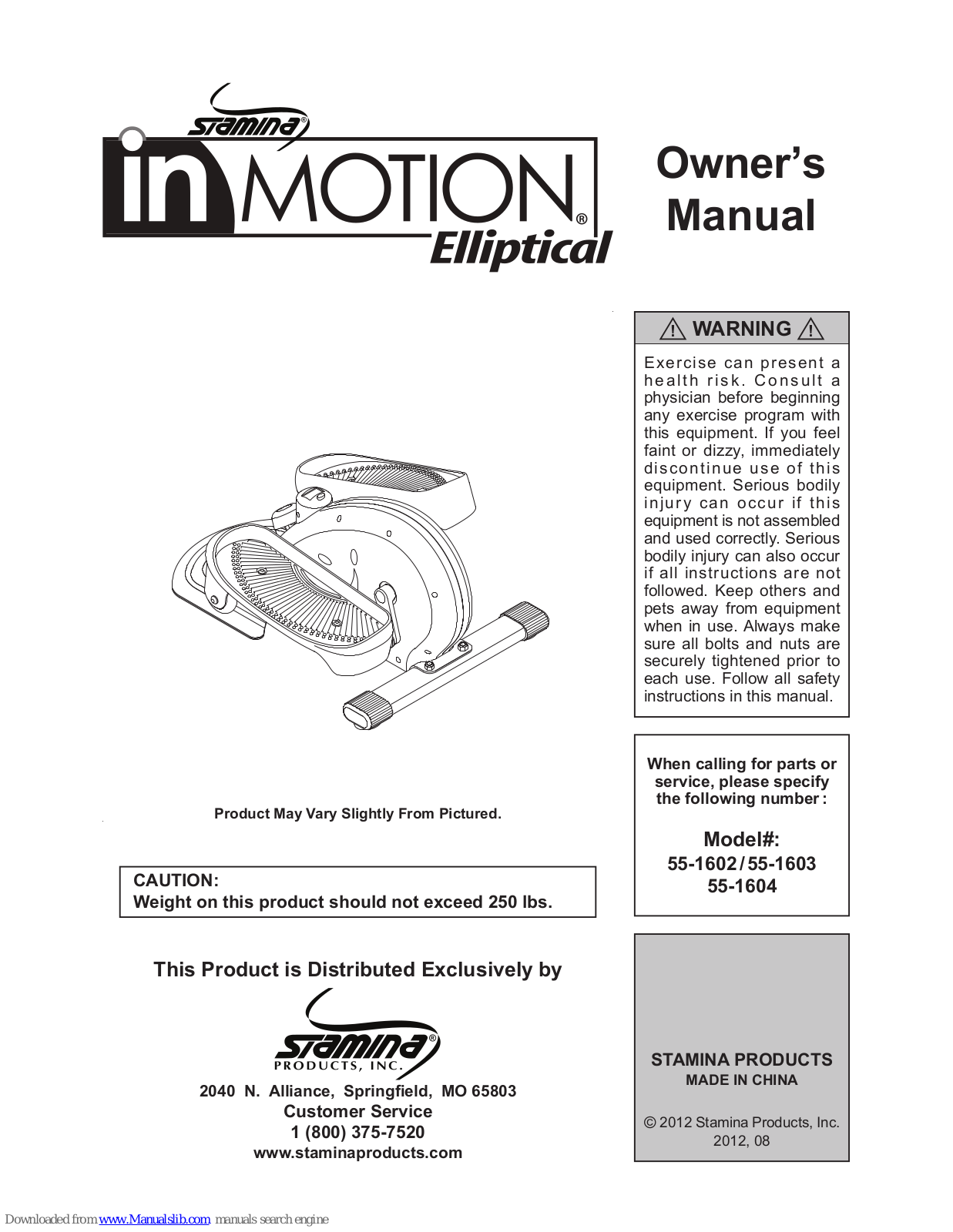 Stamina InMotion Elliptical, InMotion 55-1602, InMotion 55-1603, InMotion 55-1604 Owner's Manual