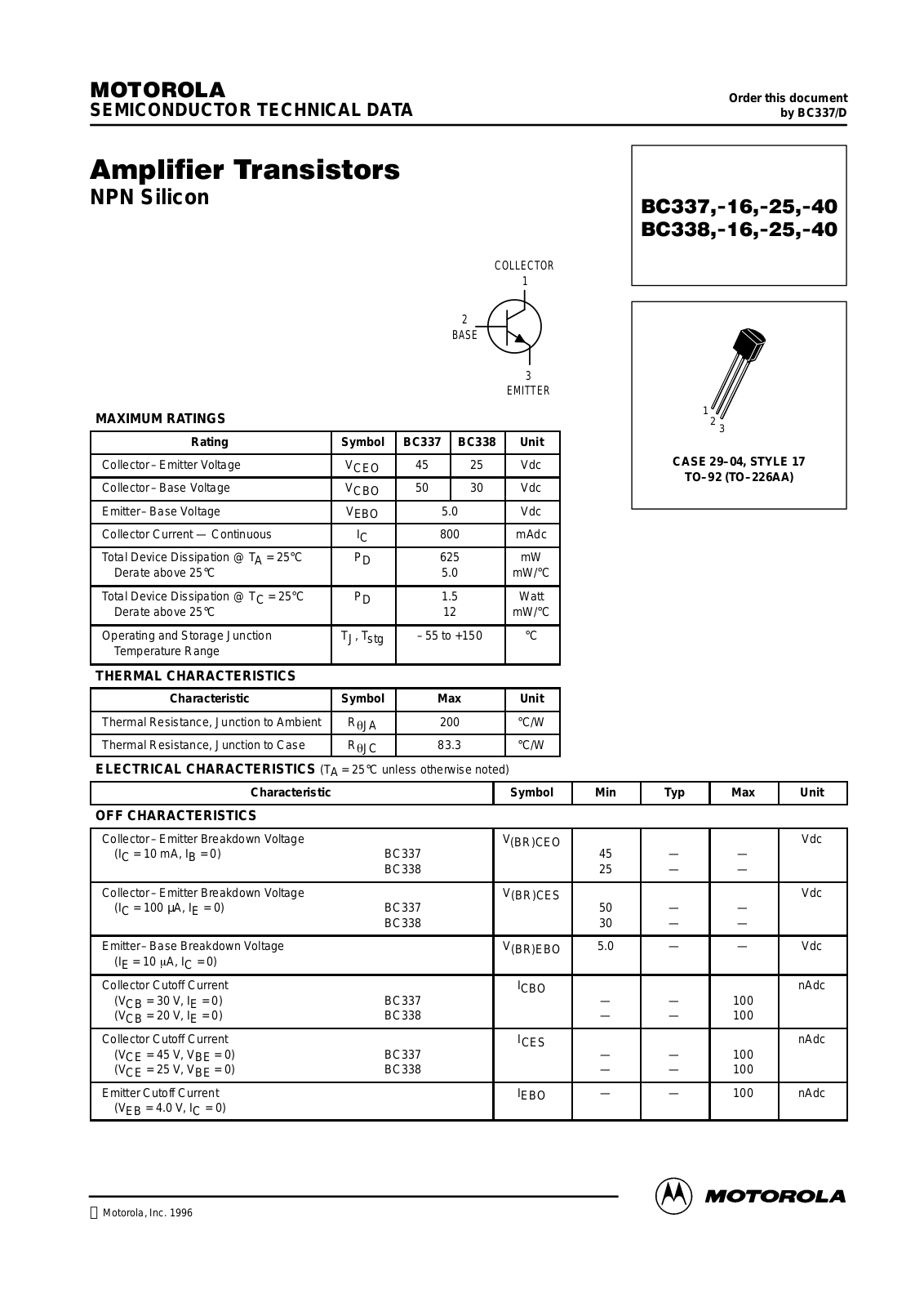 ON Semiconductor BC337-25ZL1, BC337-25RL1, BC337-025, BC337-016, BC337 Datasheet