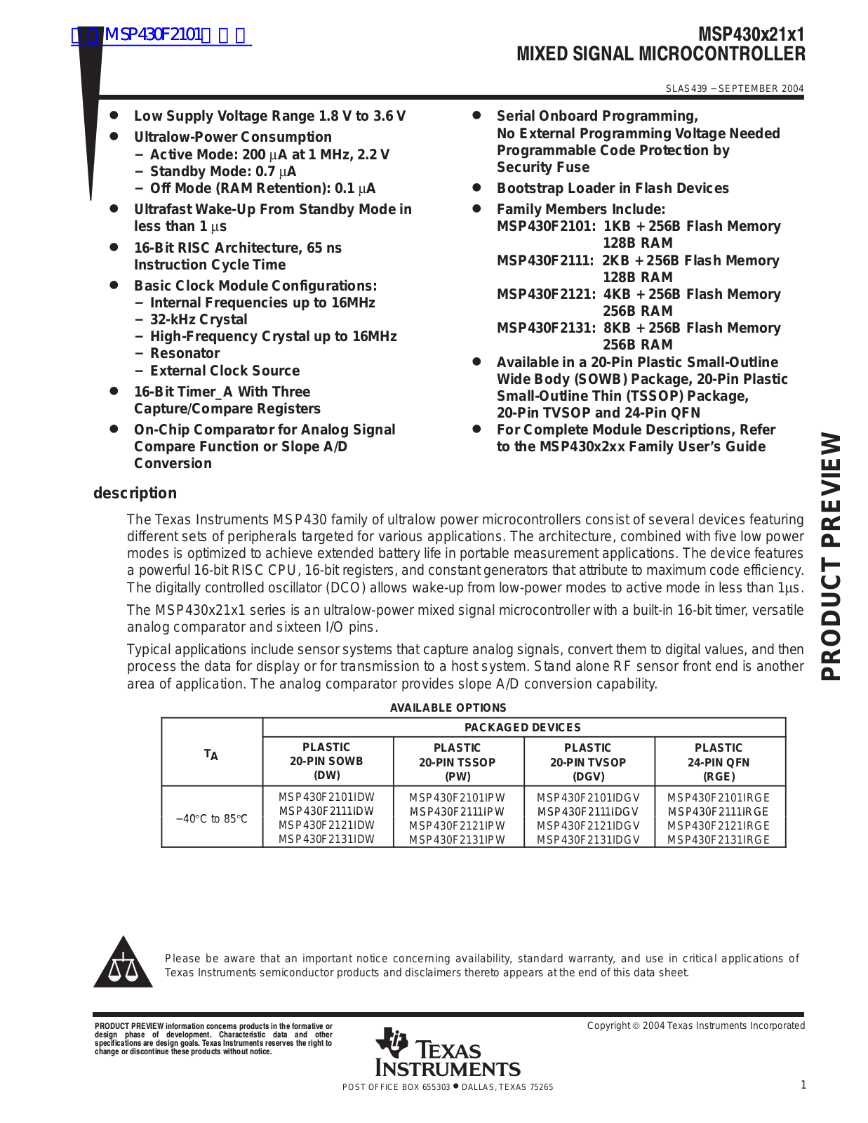 TEXAS INSTRUMENTS MPS430X21X1 Technical data