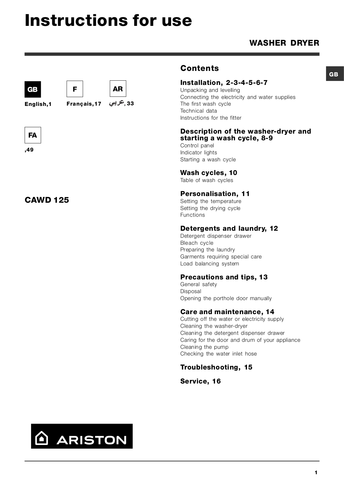 Hotpoint CAWD 125 User Manual