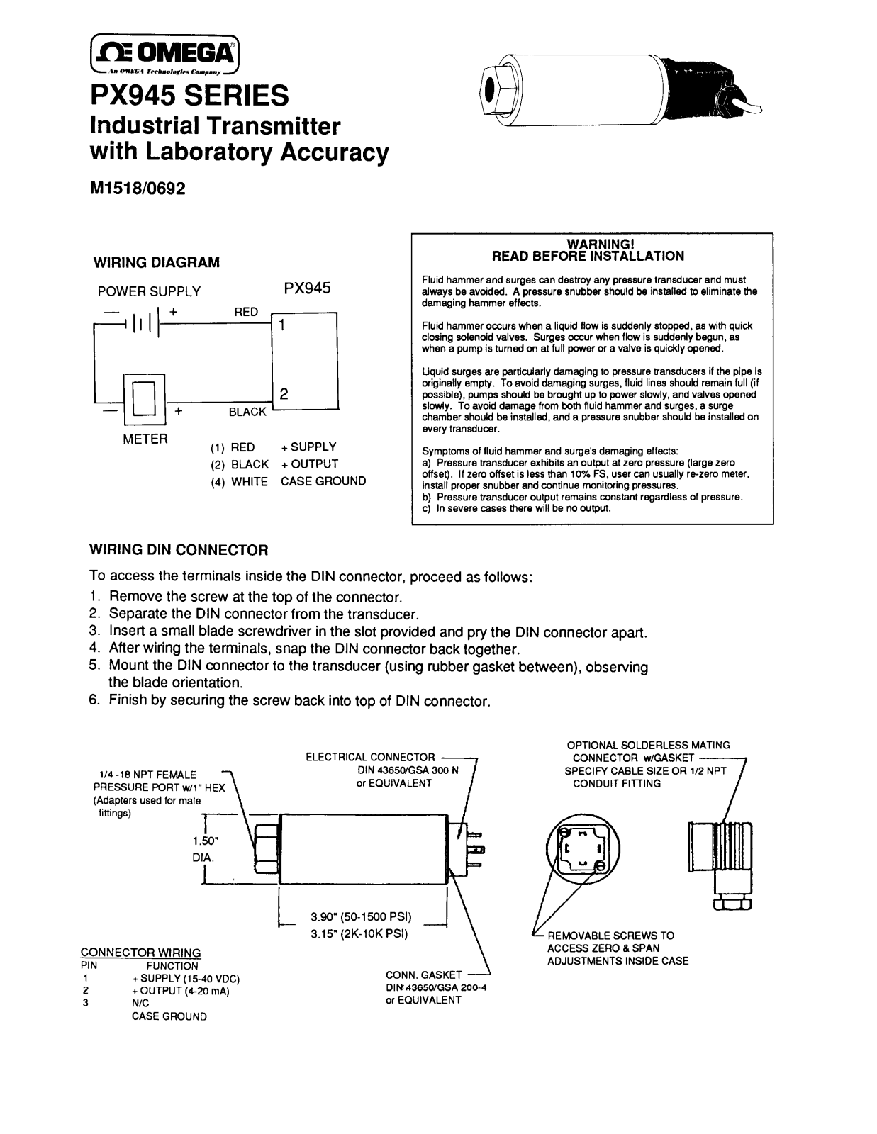 Omega Products PX945 Installation  Manual