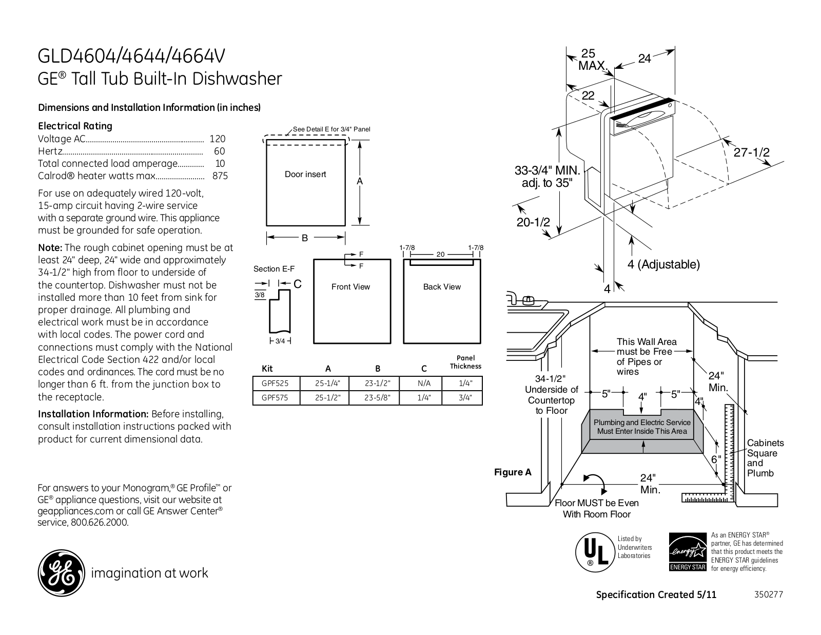 GE GLD4604V, GLD4644V, GLD4664V Specification