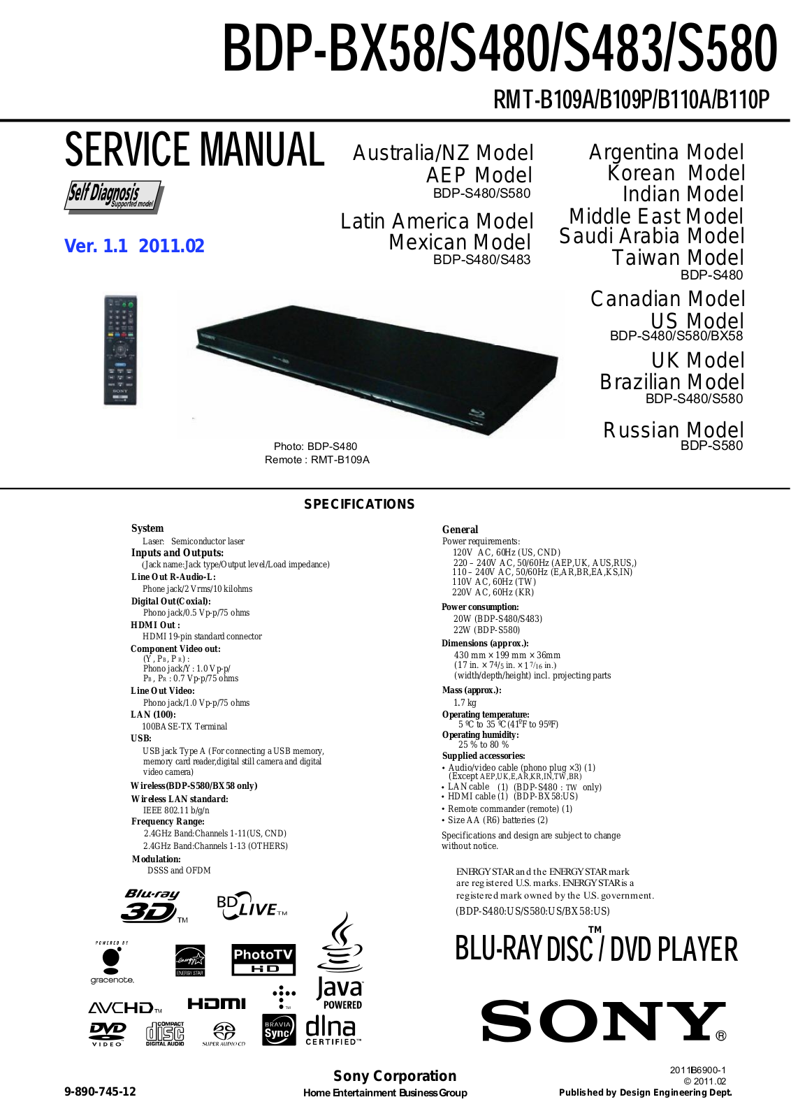 Sony BDP-BX58, BDP-S480, BDP-S483, BDP-S580 Service manual