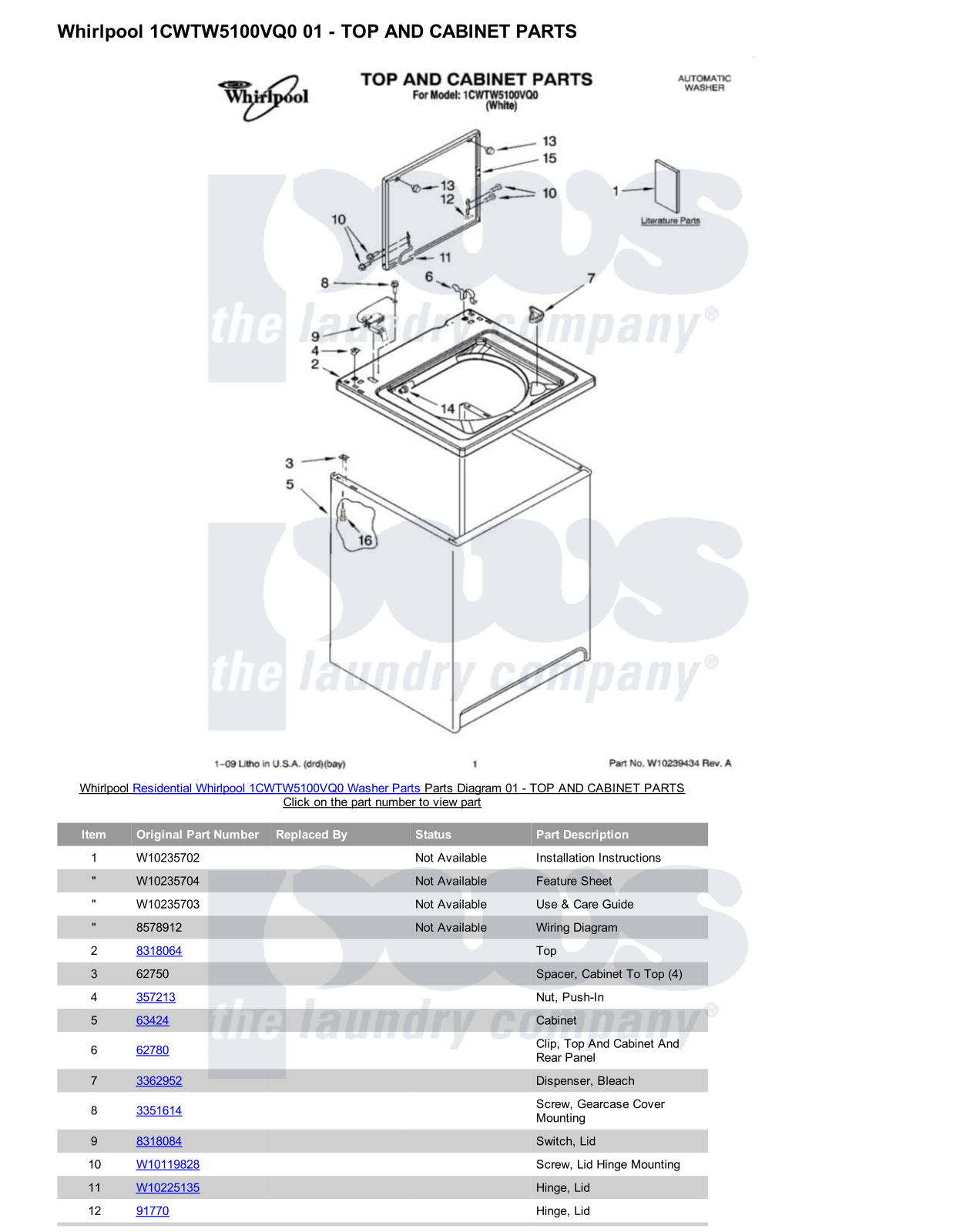 Whirlpool 1CWTW5100VQ0 Parts Diagram