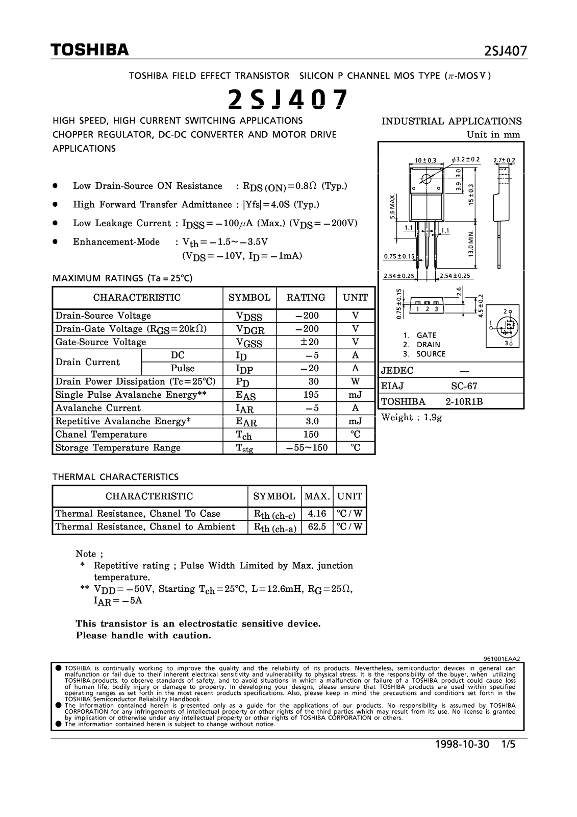 Toshiba 2SJ407 Datasheet