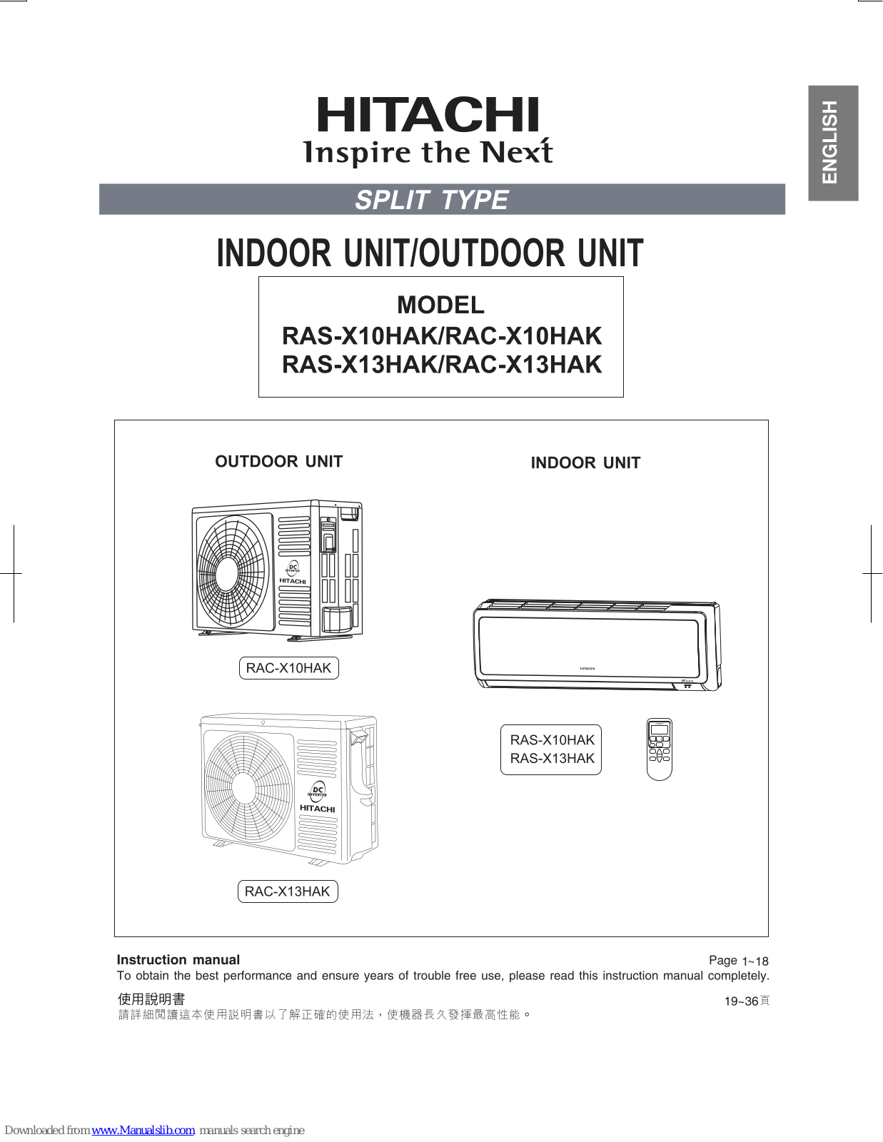 Hitachi RAS-X10HAK, RAS-X13HAK, RAC-X10HAK, RAC-X13HAK Instruction Manual