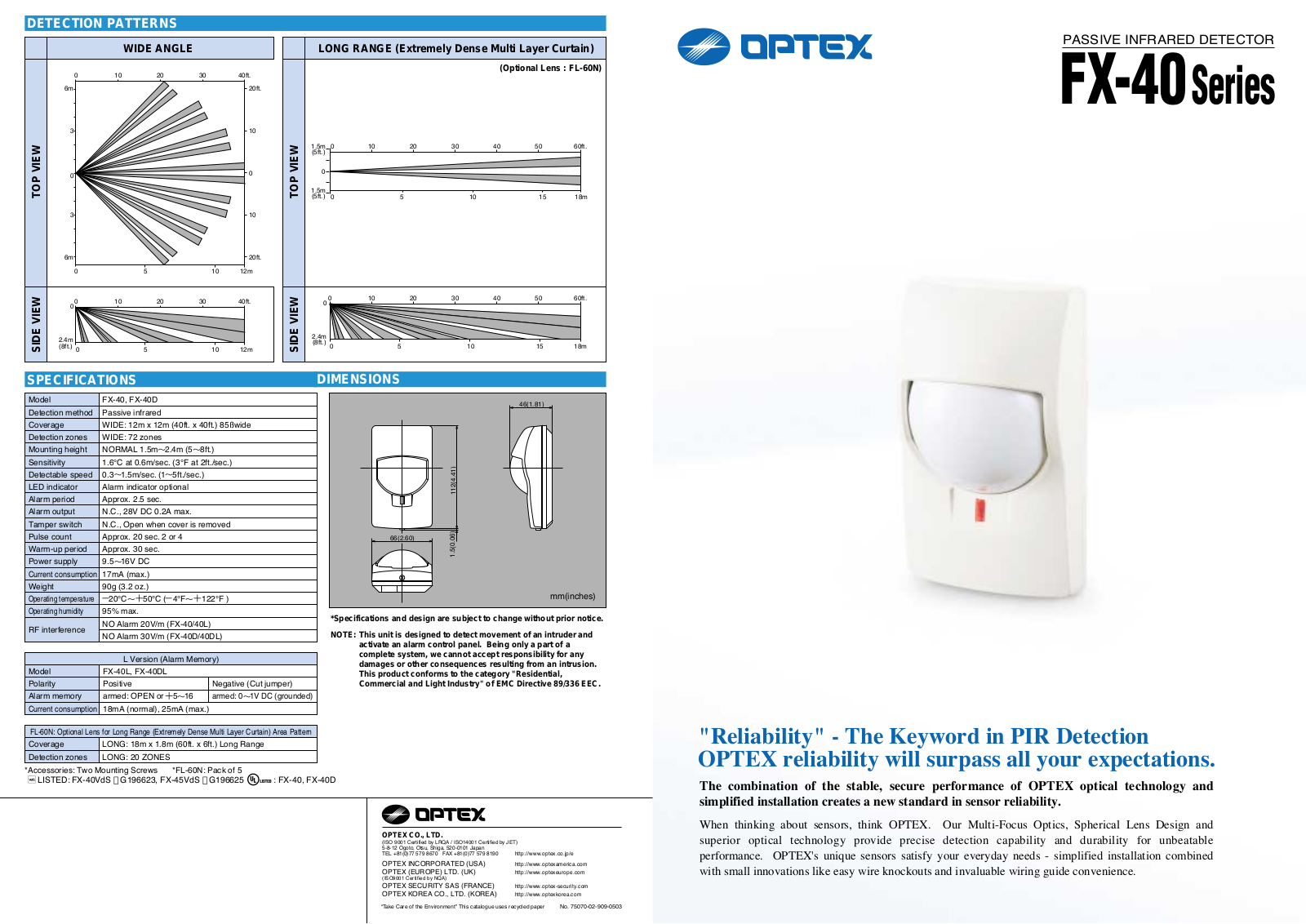 Optex FX-40D, FX-40 Specsheet