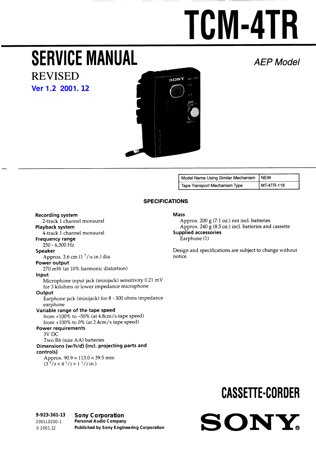 Sony TCM-4TR Service manual