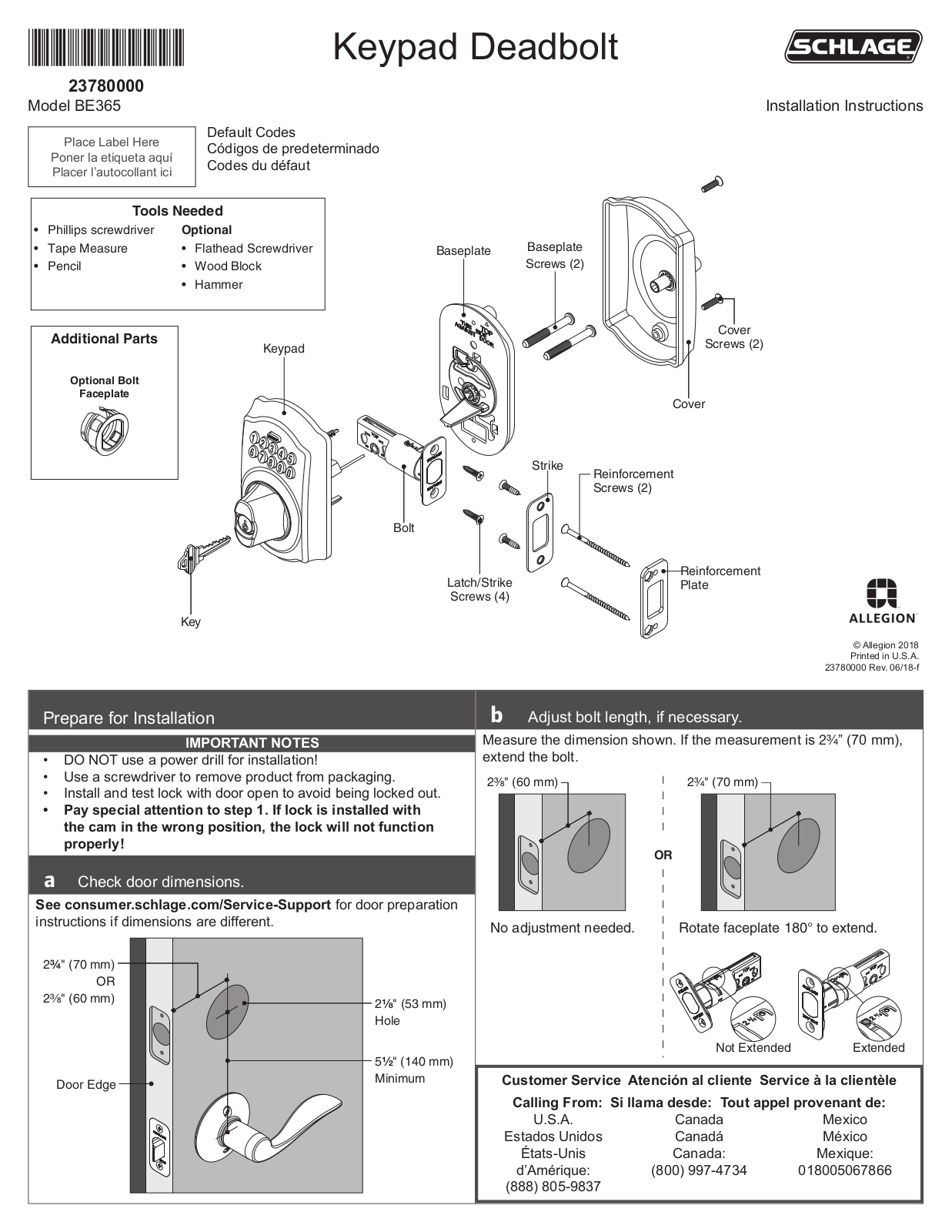 Schlage BE365 Installation Manual