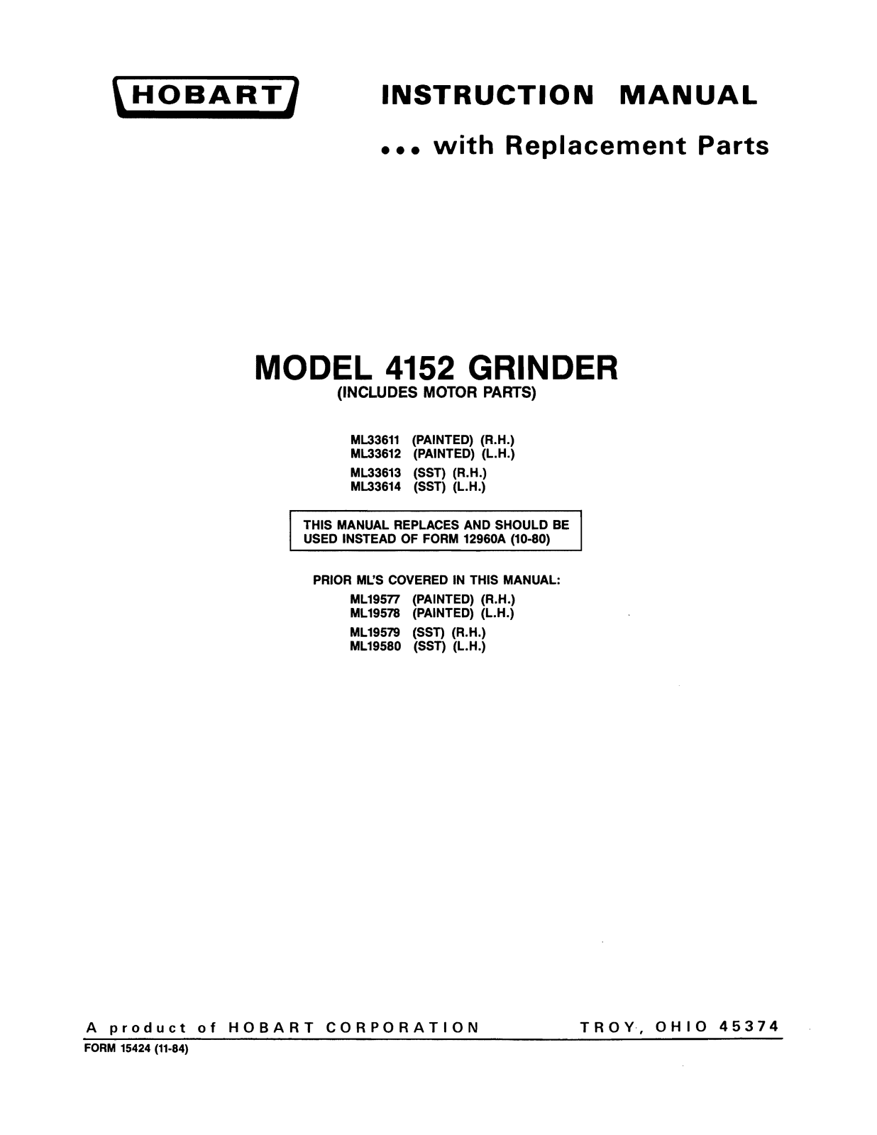 Hobart 4152 Installation Manual