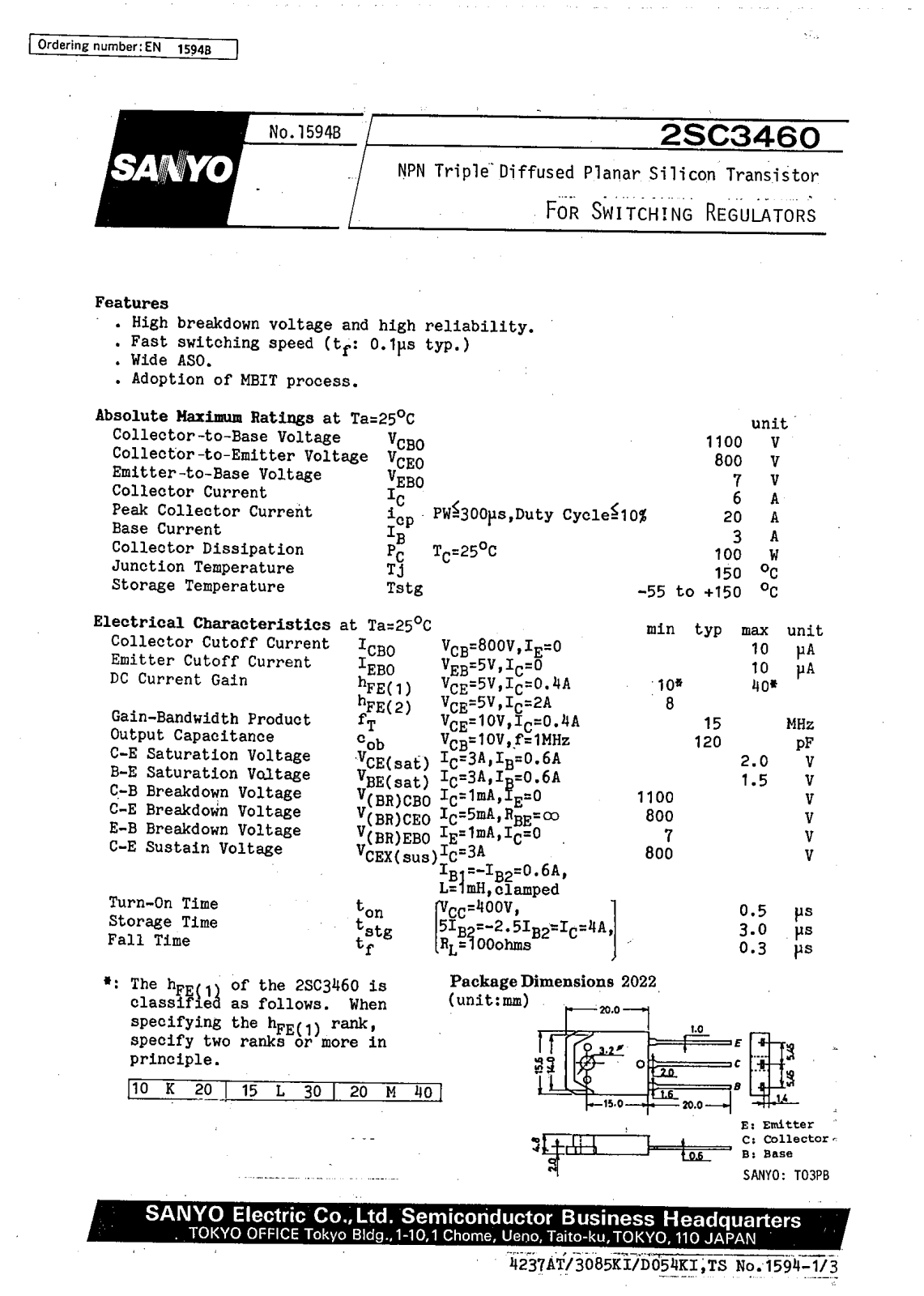 SANYO 2SC3460 Datasheet