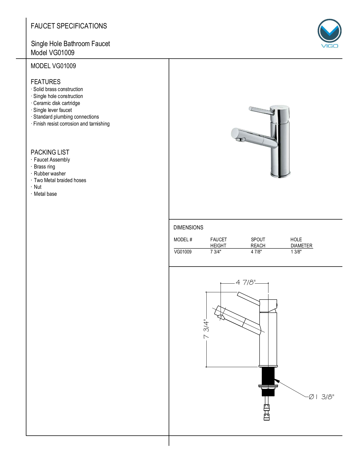 Vigo VG01009BNK1 Specifications