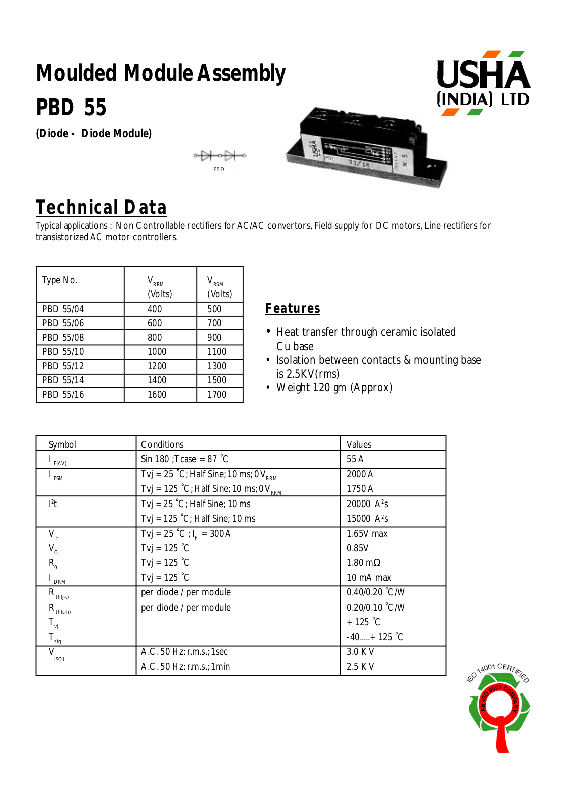 USHA PBD55-04, PBD55-06, PBD55-08, PBD55-10, PBD55-12 Datasheet