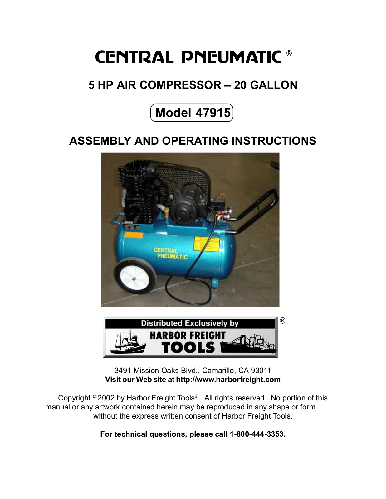 Central Pneumatic 47915 Assembly And Operating Instructions Manual