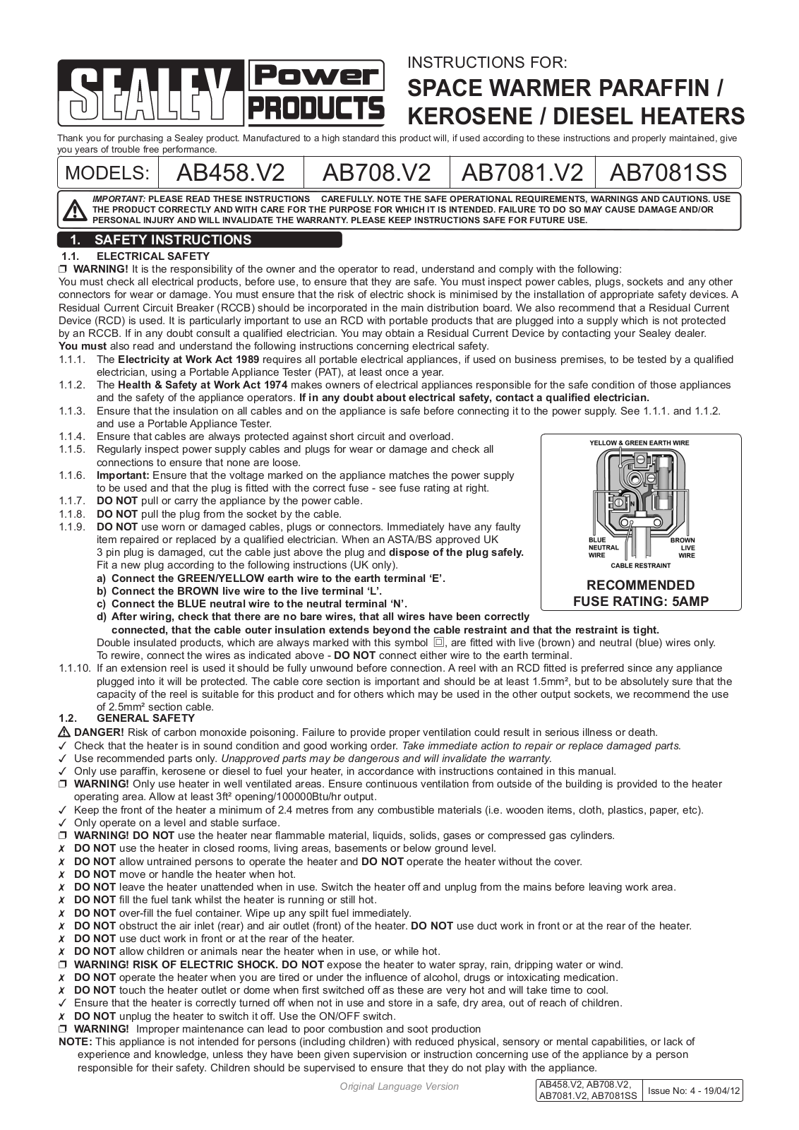 Sealey AB458.V2 Instructions Manual