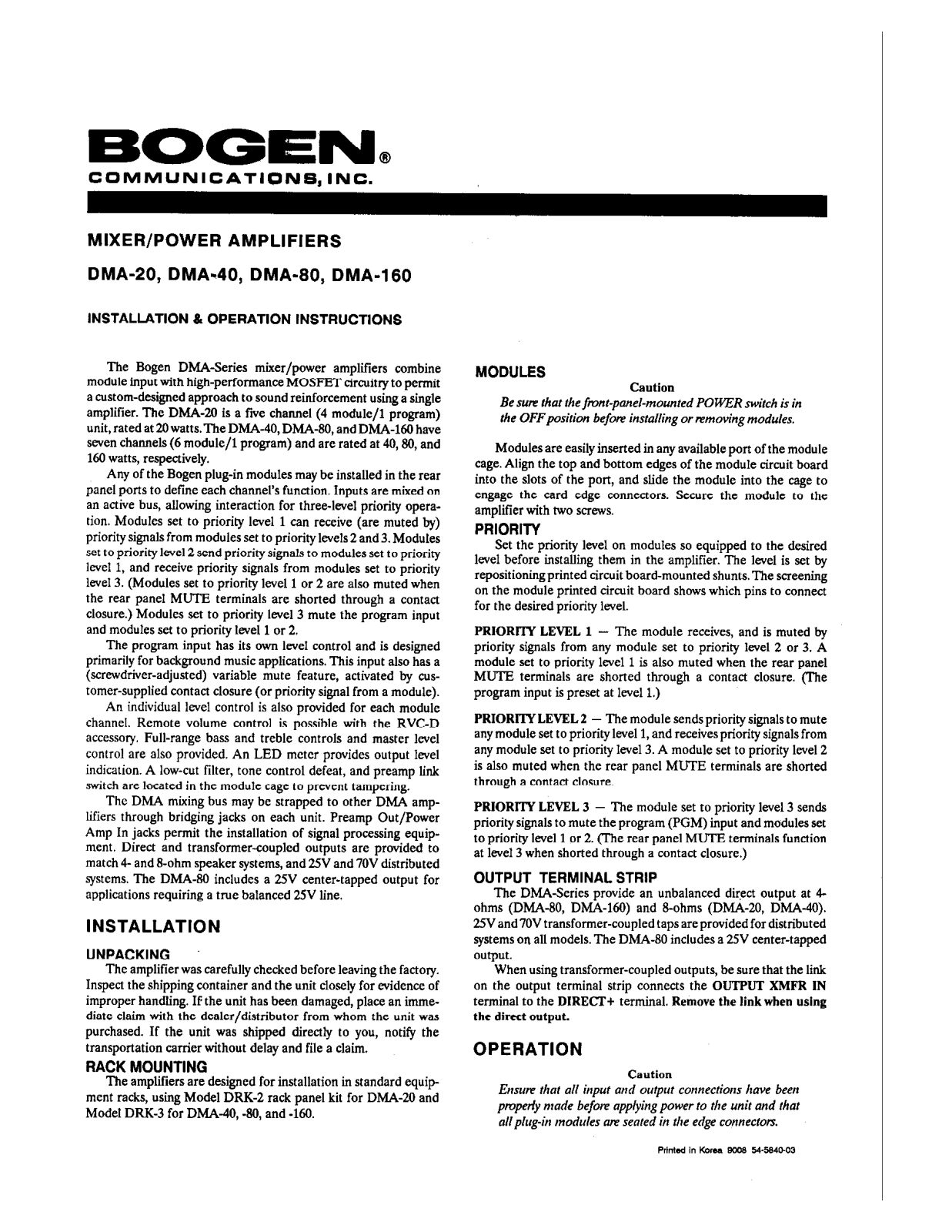 Bogen DMA80, DMA160, DMA40 Service Manual