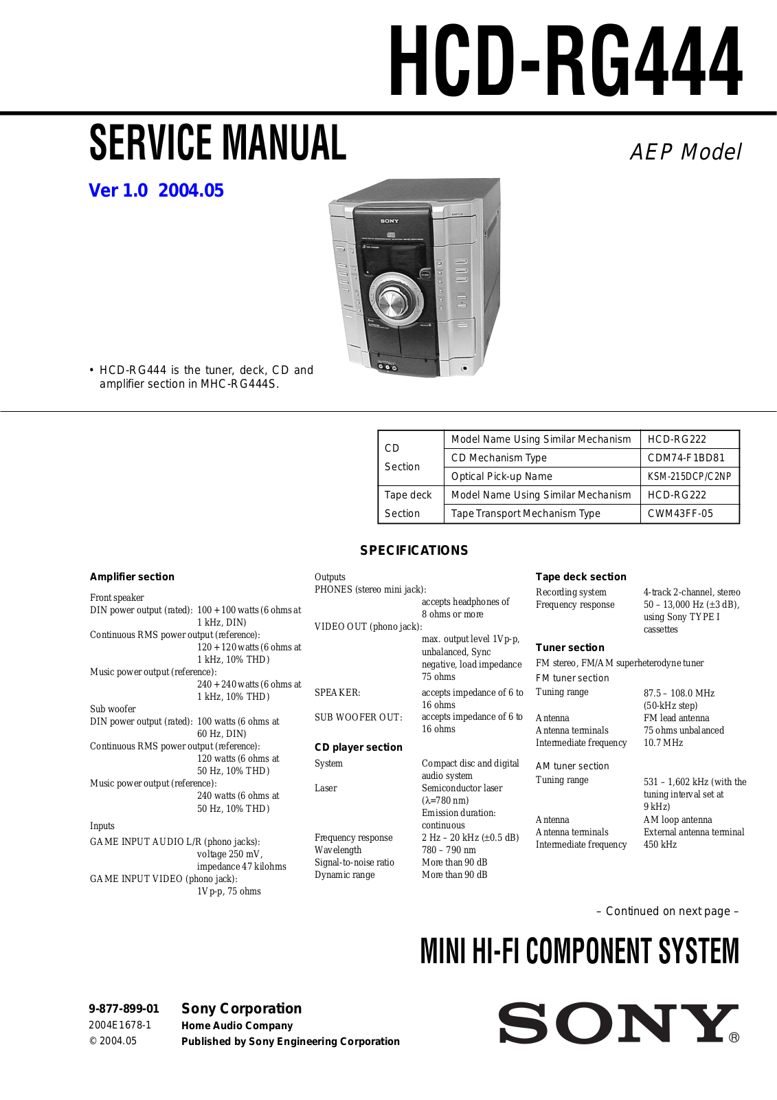 Sony HCD-RG444 Service Manual