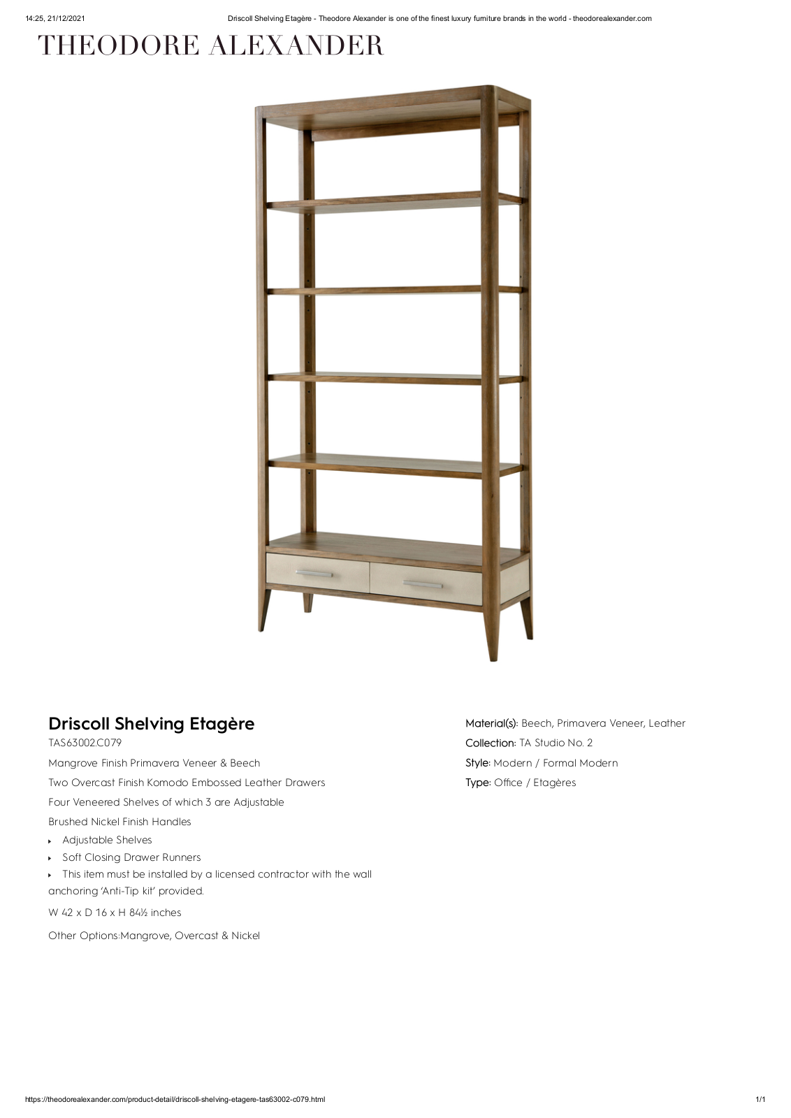 Theodore Alexander FPLJ3143 Specifications - ManualMachine.com