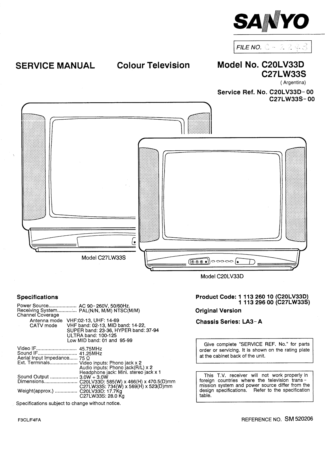 SANYO c27lw33s, c20lv33d Service Manual