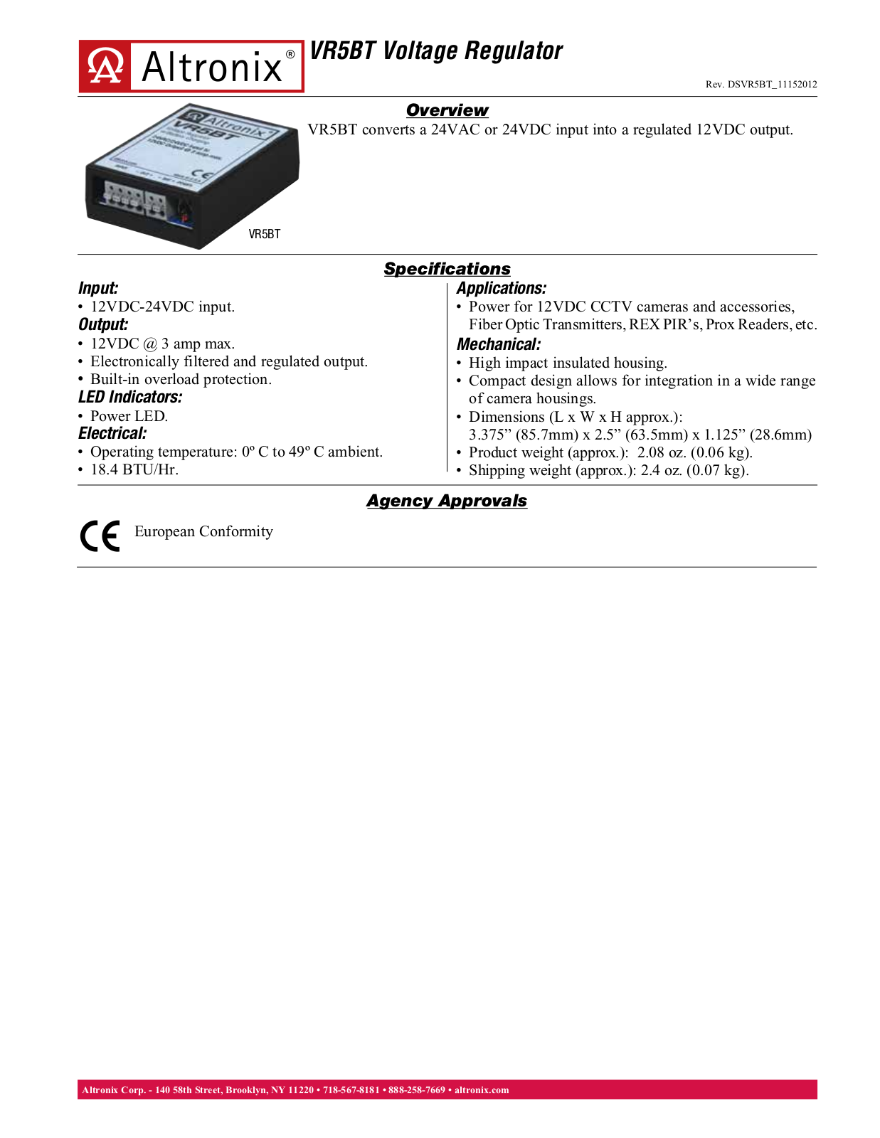 Altronix VR5BT Specsheet