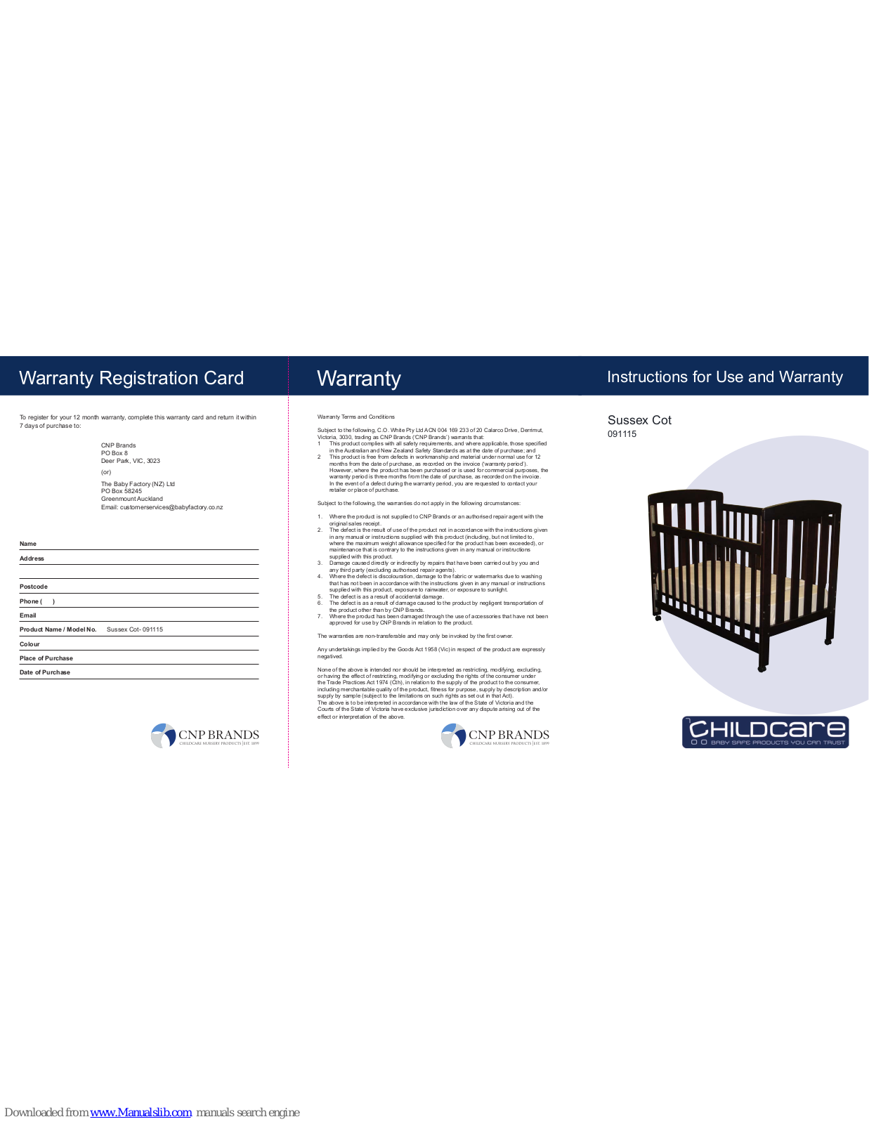 Childcare Sussex Cot Instructions For Use And Warranty