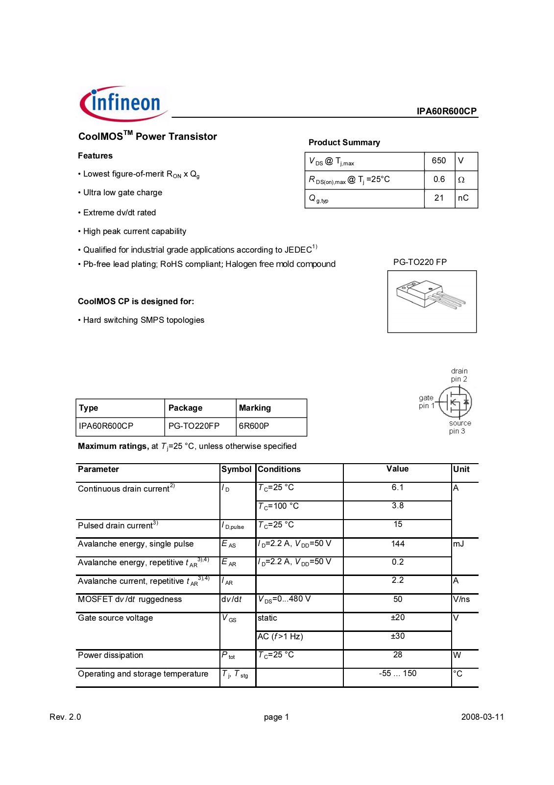 Datasheet ipa60r600cp_rev2.0 Datasheet - ManualMachine.com