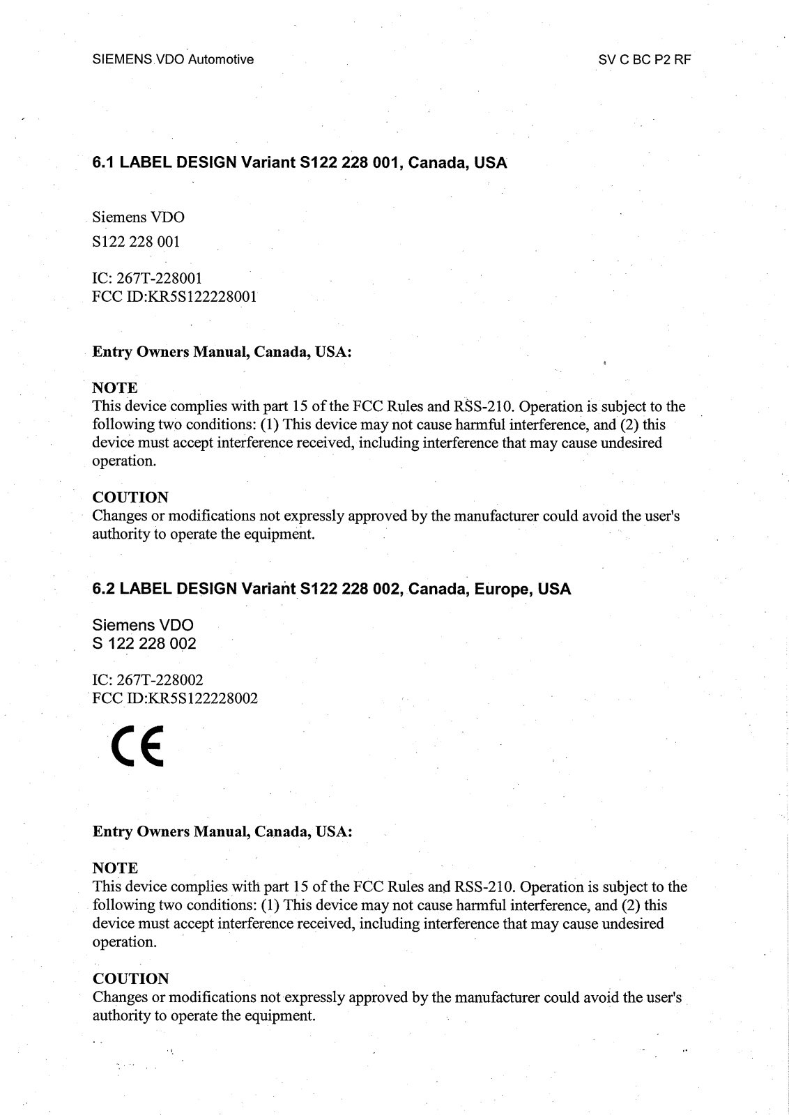 Continental Automotive S122228002 Users manual