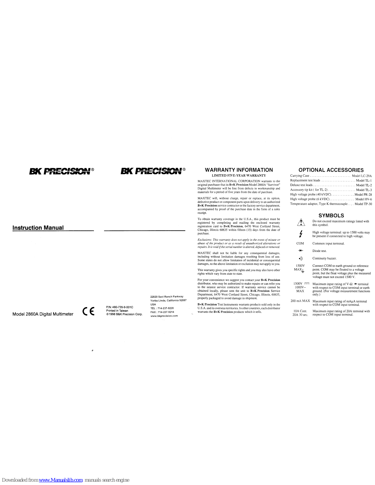 BK Precision 2860A Instruction Manual