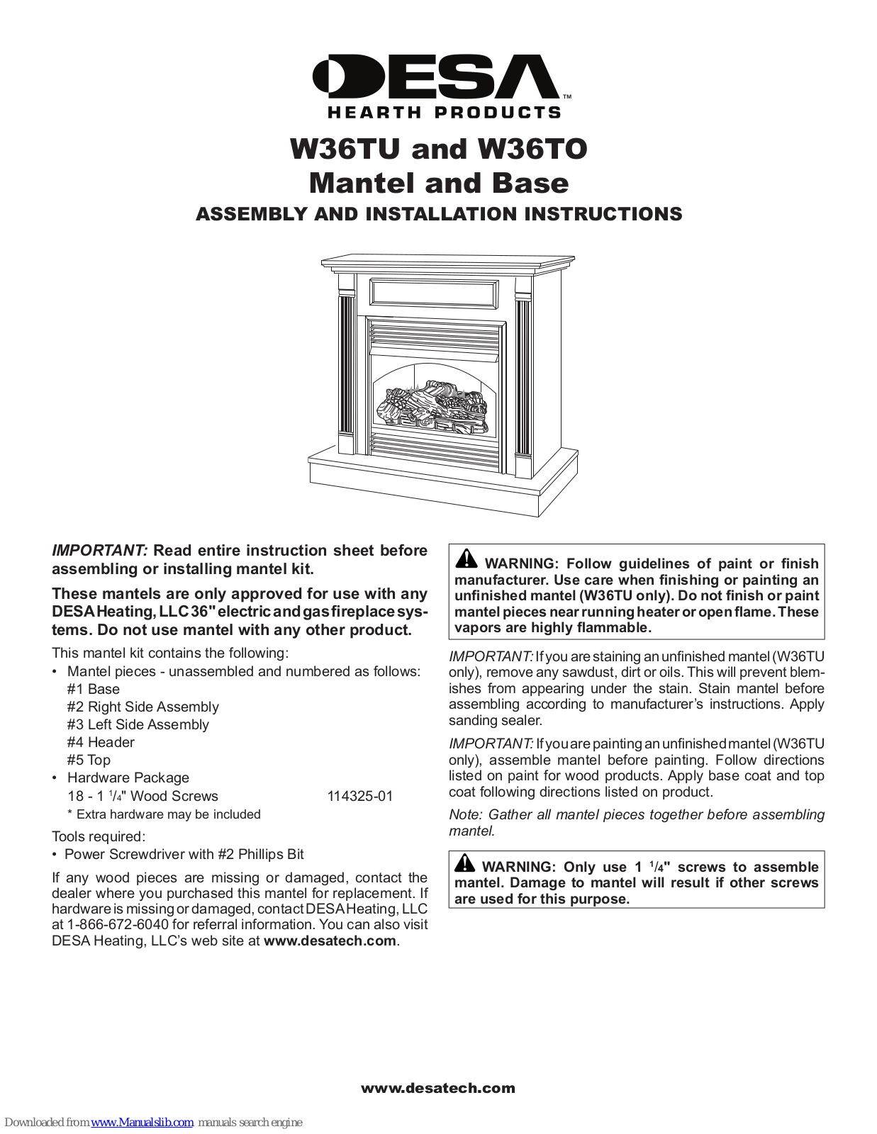 FMI Mantel and Base W36TO, W36TU Assembly And Installation Instructions Manual