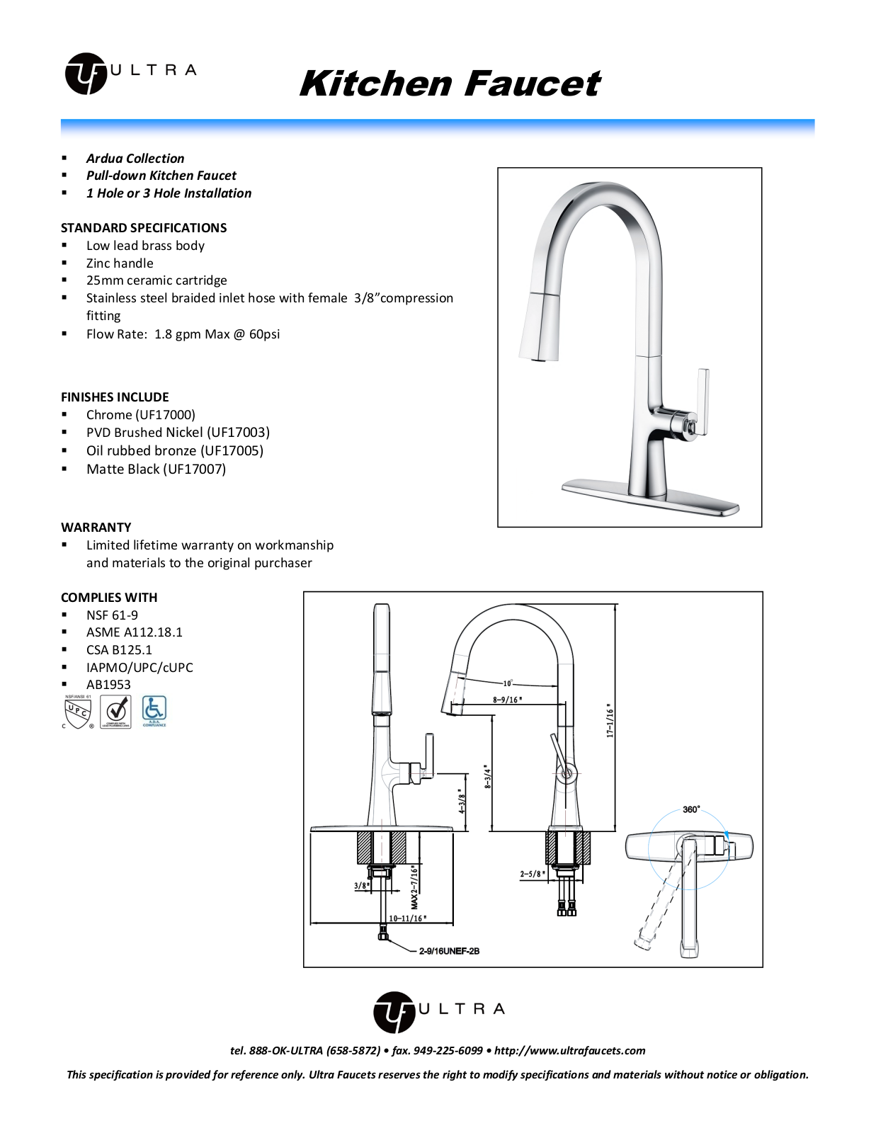 Ultra Faucets LTR10127 Specifications - ManualMachine.com