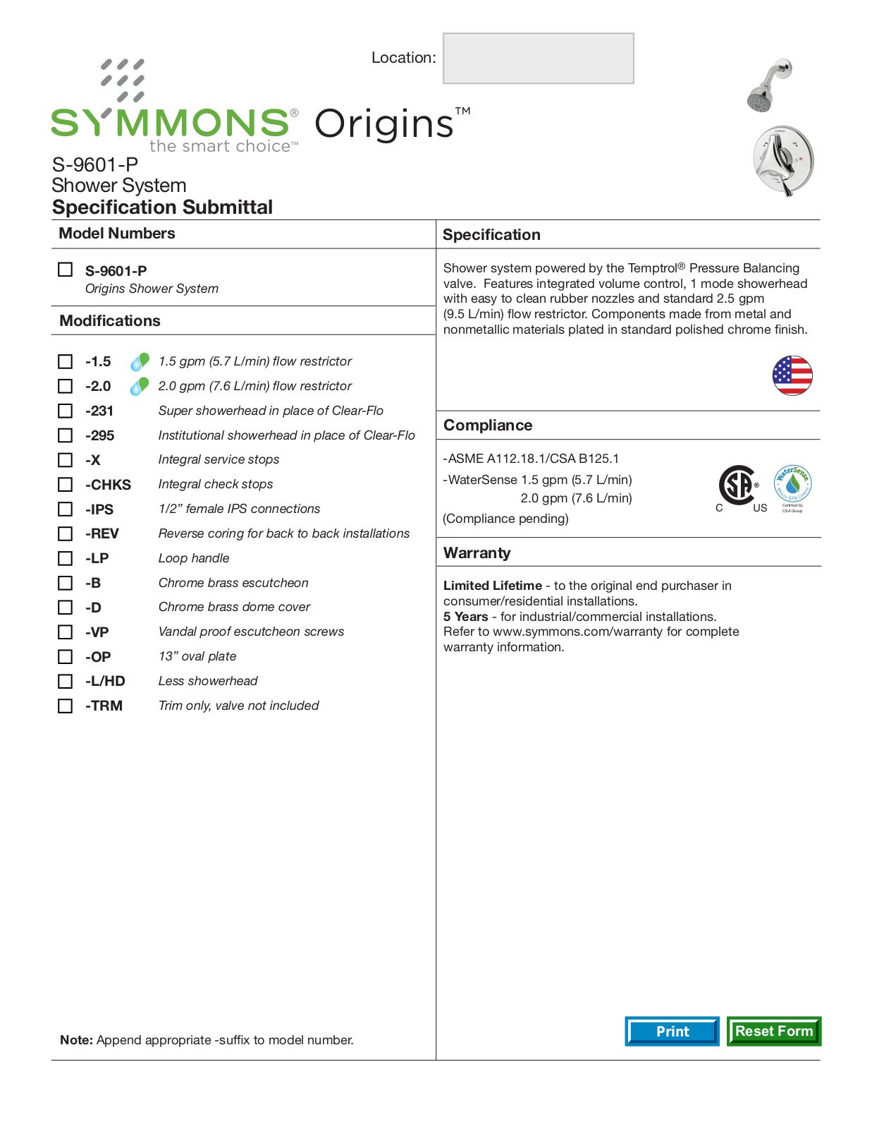 Symmons S-9601-P User Manual