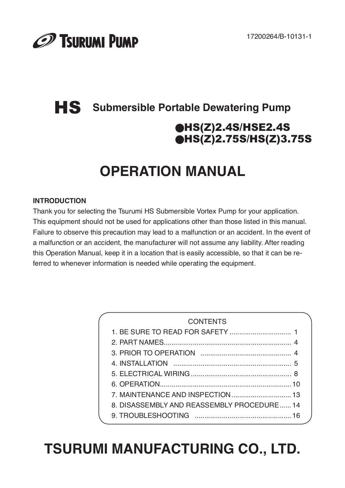 TSURUMI PUMP HS 2.4S, HS 2.75S Instruction Manual