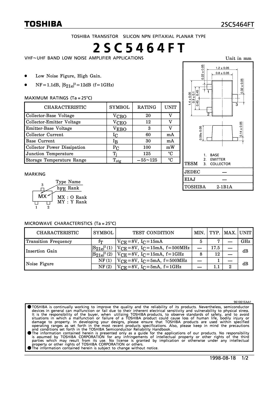 Toshiba 2SC5464FT Datasheet