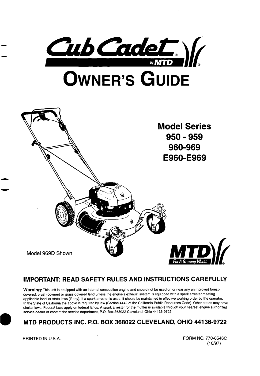 Cub Cadet 950-959, E960, 960-969, E969 User Manual