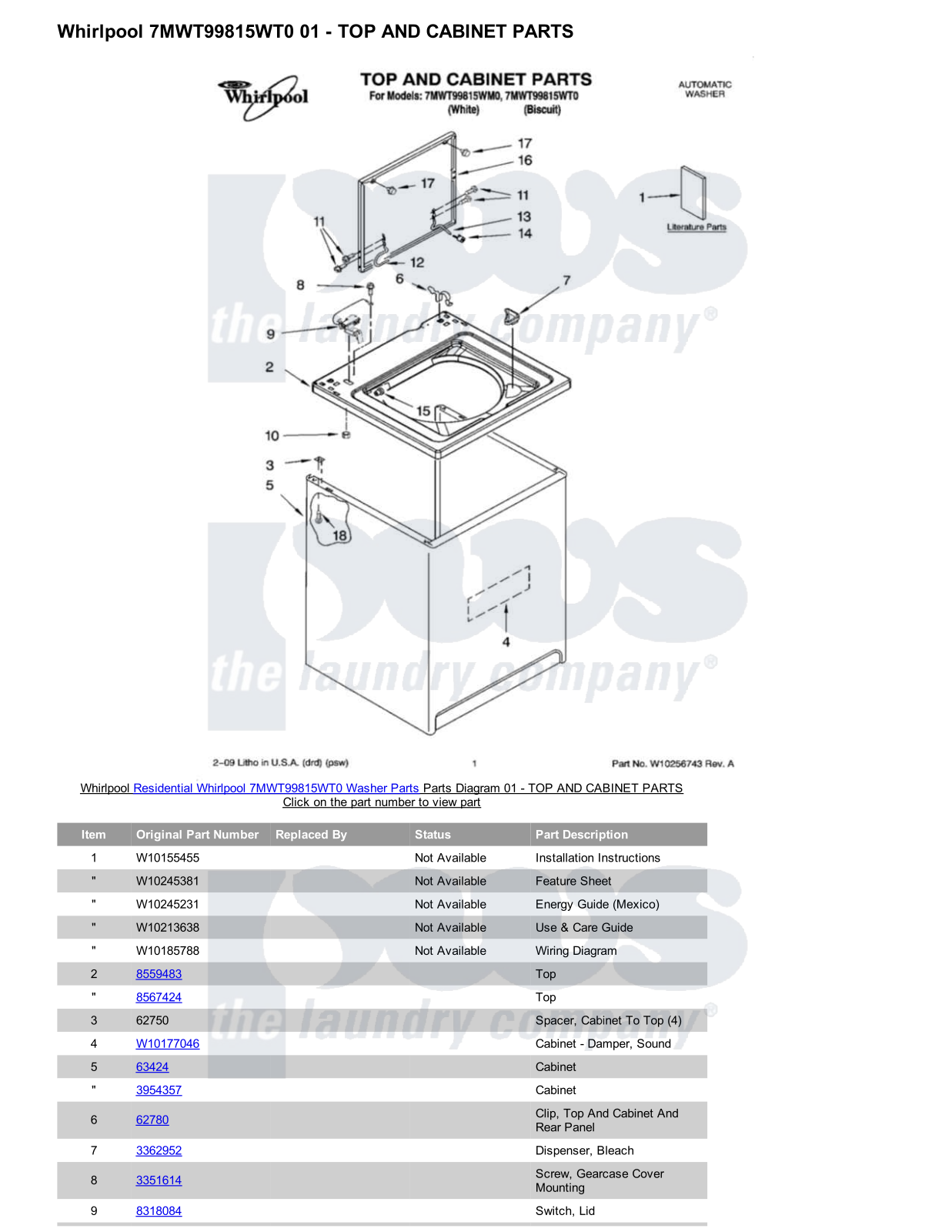 Whirlpool 7MWT99815WT0 Parts Diagram