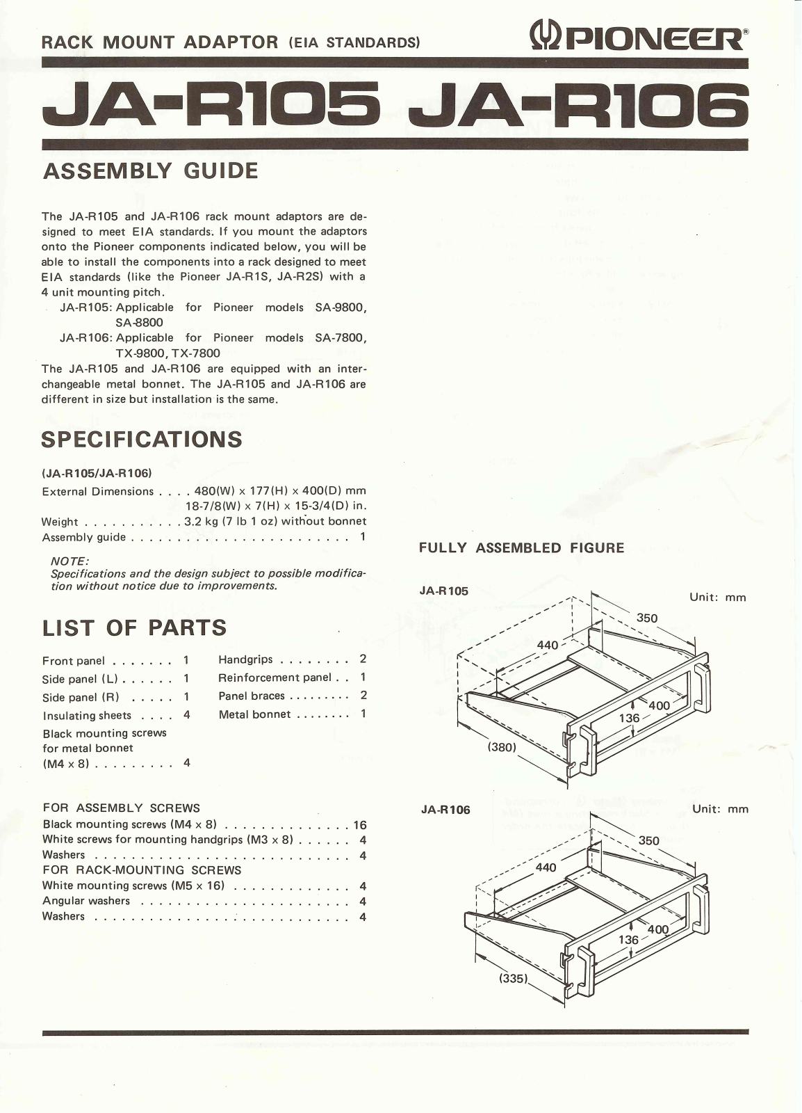 Pioneer JA-R106, JA-R105 Assembly Guide