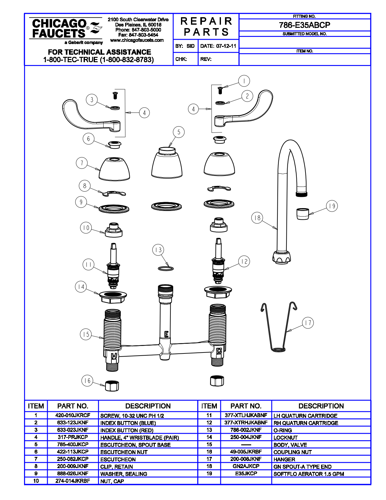 Chicago Faucet 786-E35ABCP Parts List