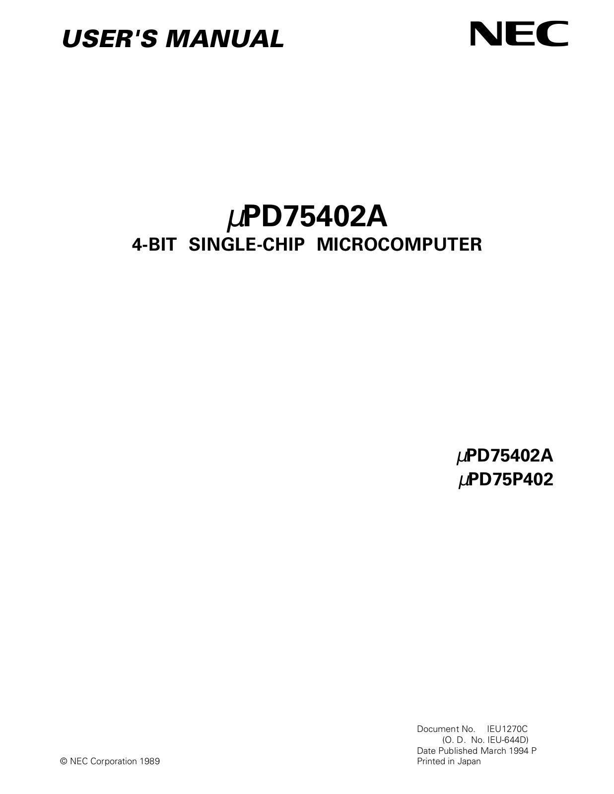 NEC PD75P402, PD75402A User Manual