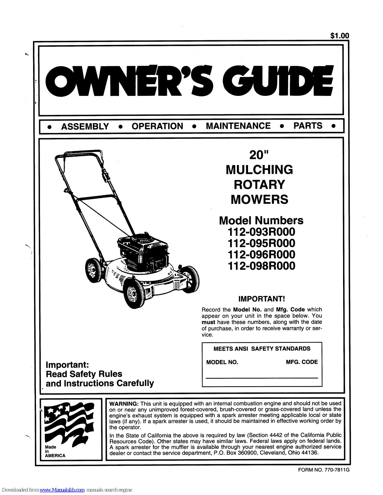 MTD 112-093R000, 112-095R000, 112-096R000, 112-098R000, 098R Owner's Manual