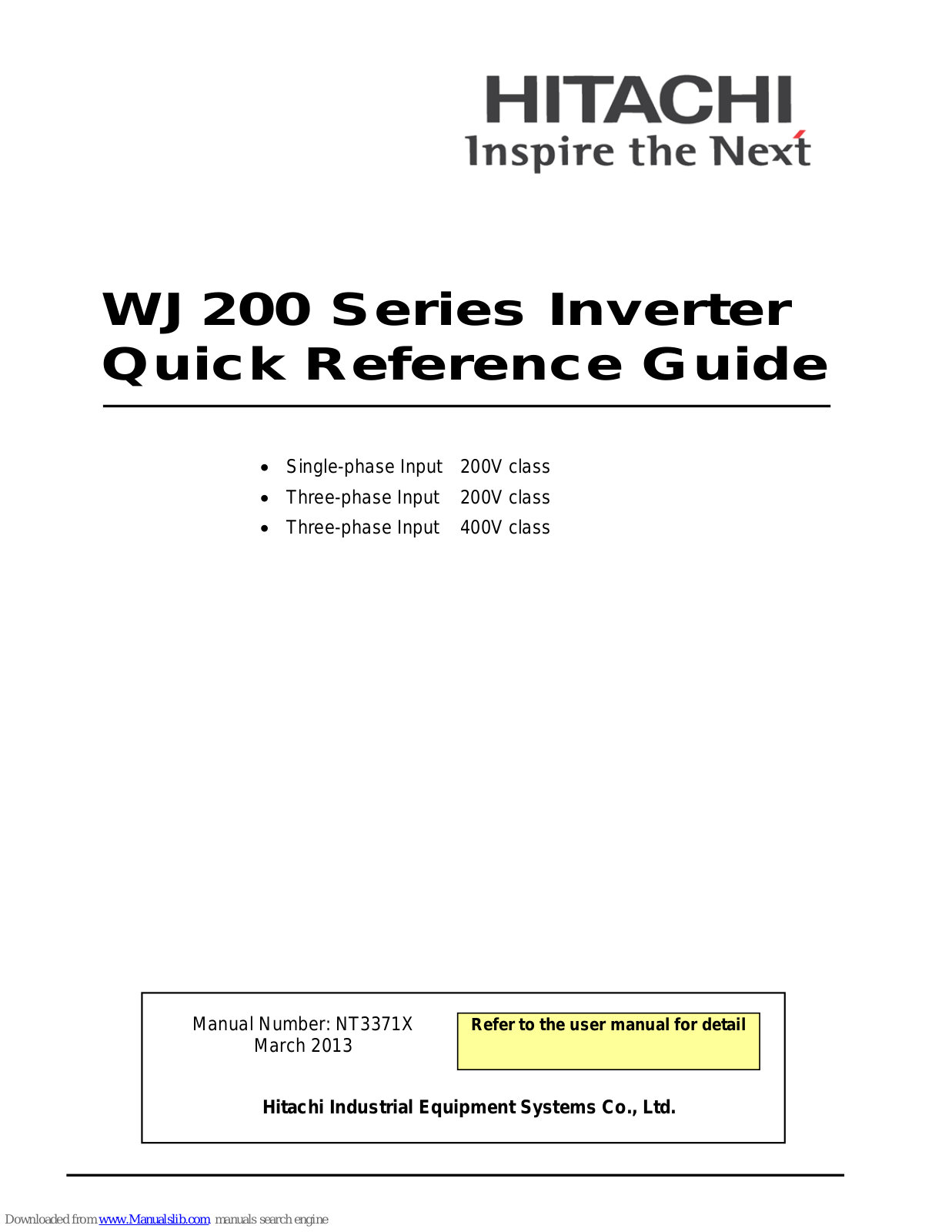 Hitachi WJ200-022S, WJ200-002S, WJ200-007S, WJ200-001L, WJ200-002L Quick Reference Manual