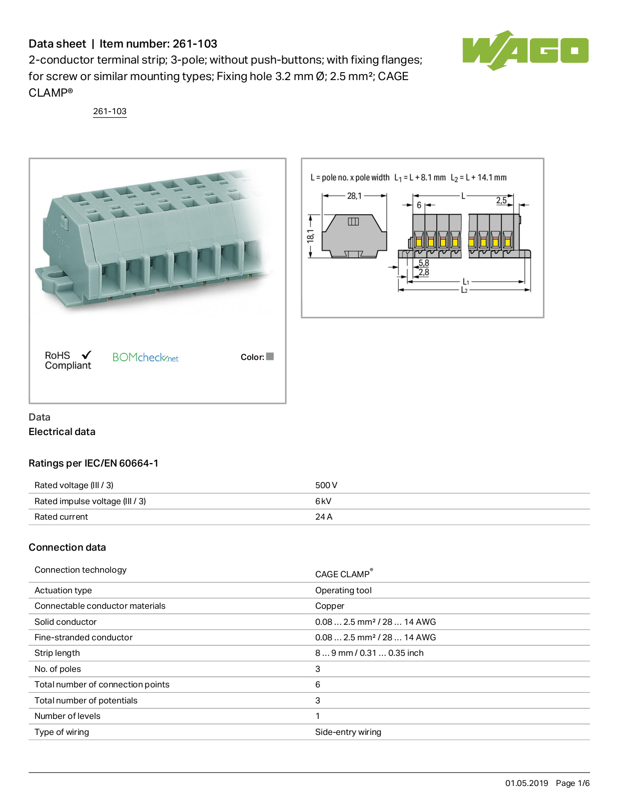 Wago 261-103 Data Sheet