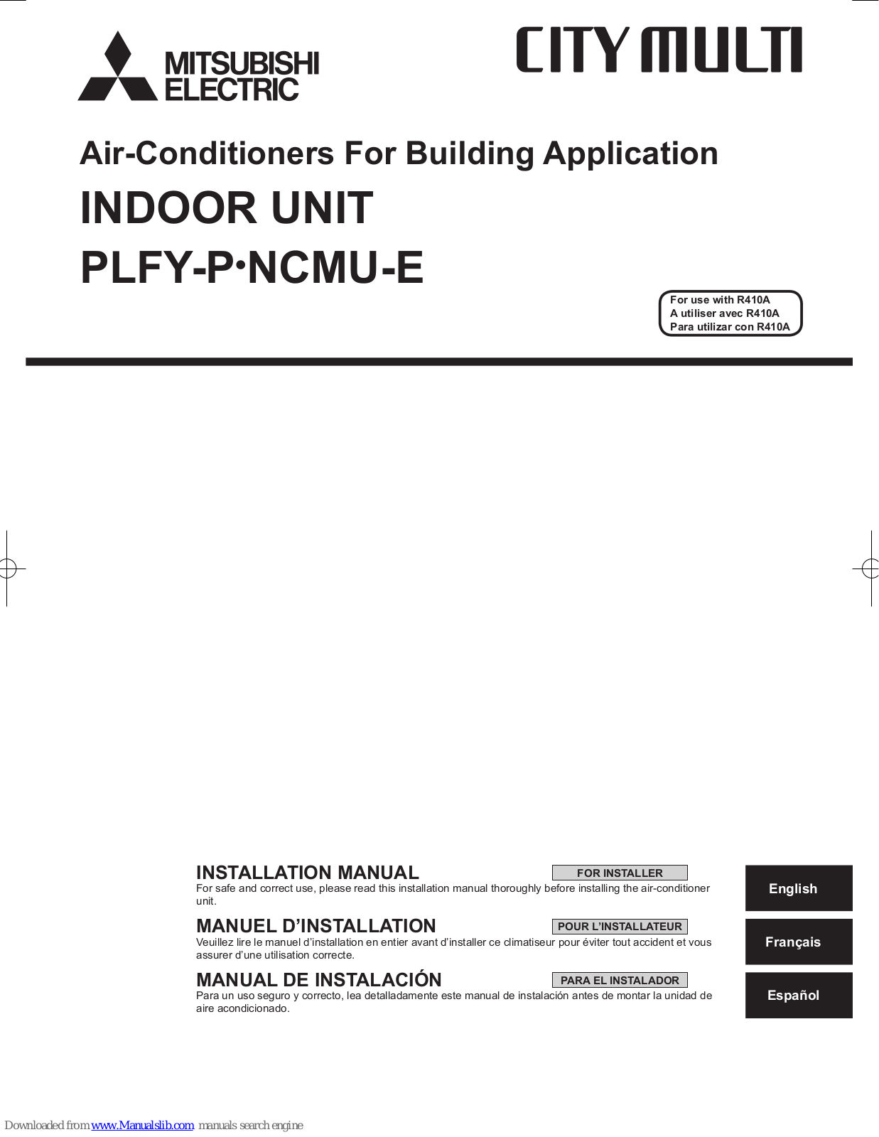 Mitsubishi PLFY-P08NCMU-E, PLFY-P15NCMU-E, PLFY-P12NCMU-E Installation Manual