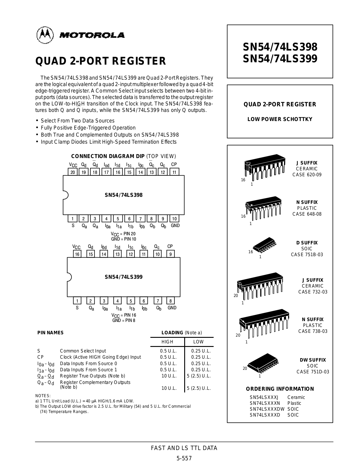 Motorola SN54LS398J, SN74LS398D, SN74LS398DW, SN74LS398N Datasheet