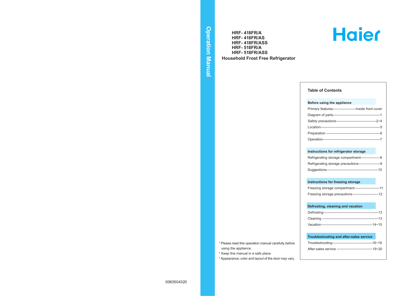 Haier HRF- 418FR-ASS, HRF- 418FR-A, HRF- 418FR-AS, HRF- 518FR-ASS, HRF- 518FR-A User Manual