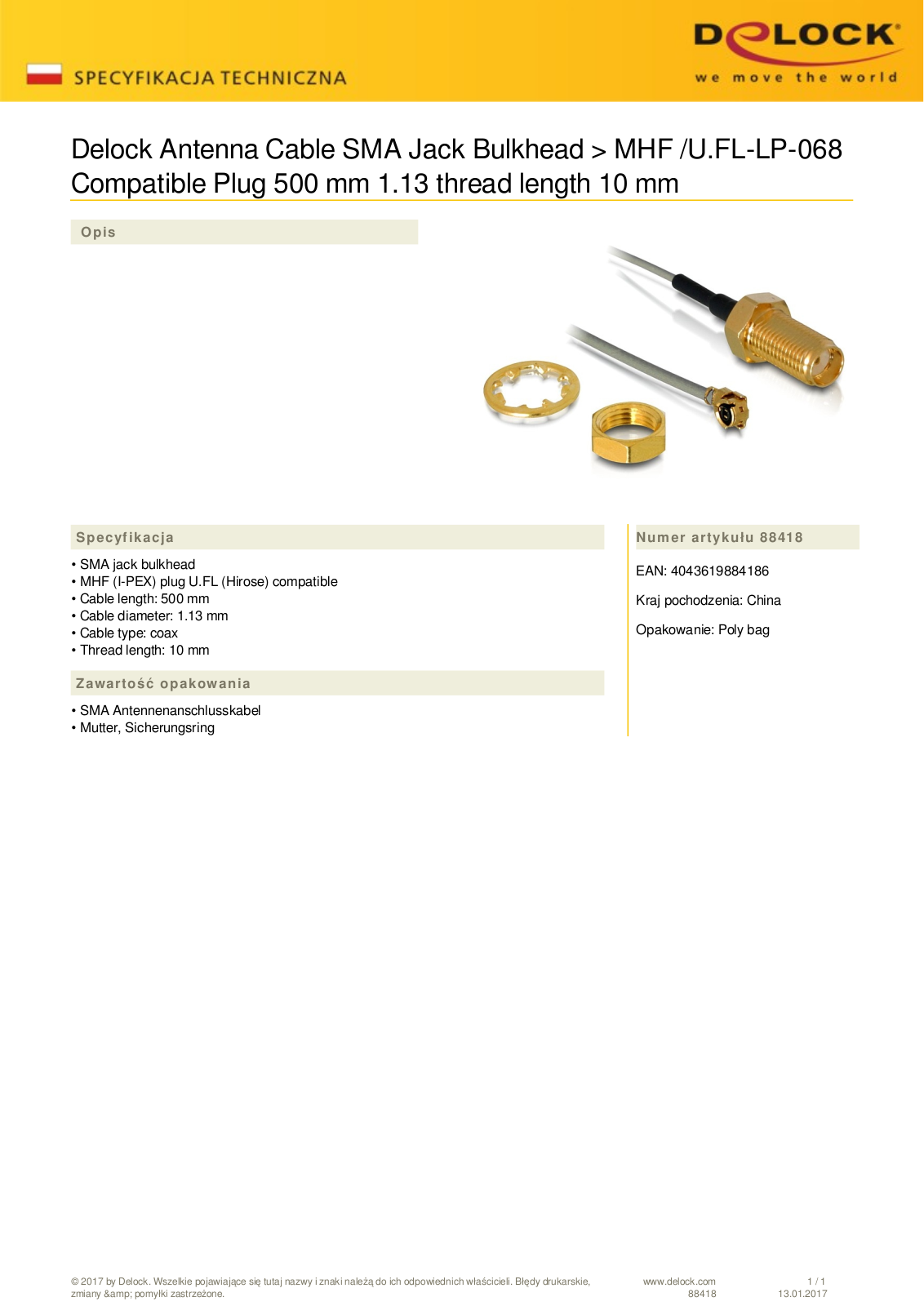 DeLOCK HF SMA, I-PEX on SMA adapter cable 0.5m User Manual