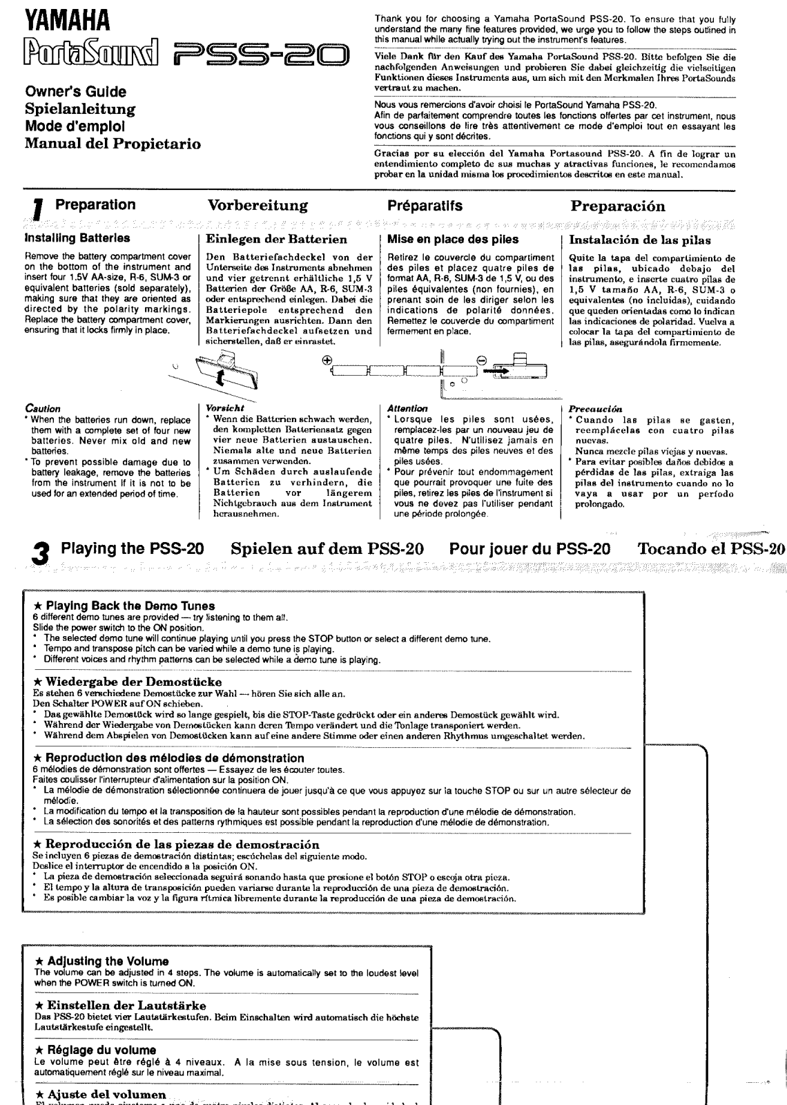 Yamaha PSS20 Owner's Manual