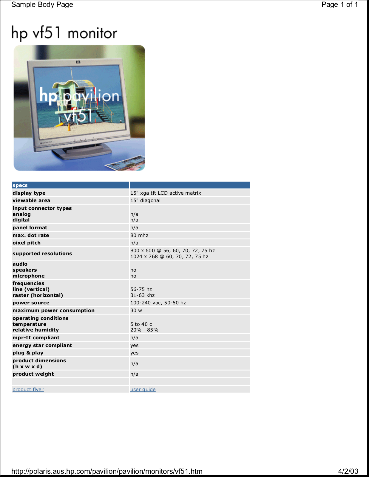 HP Pavilion vf51 Product Datasheet