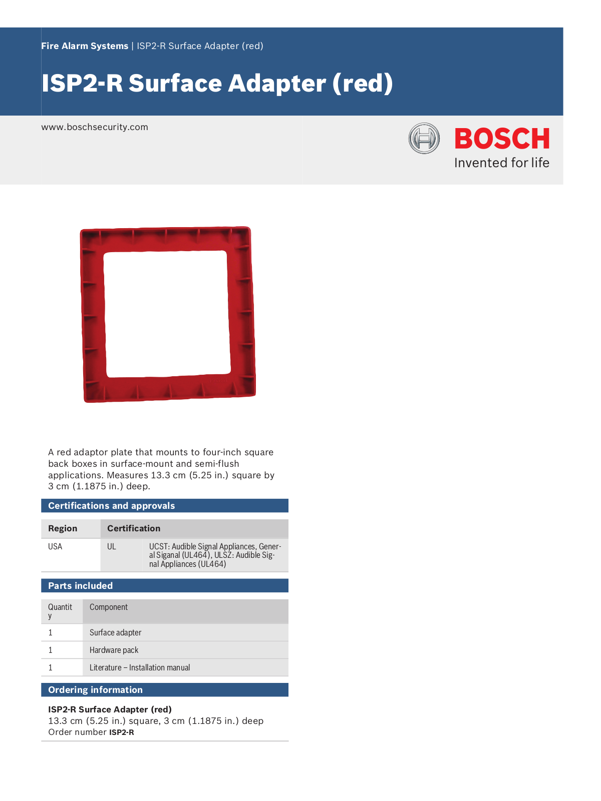 Bosch ISP2-R Specsheet